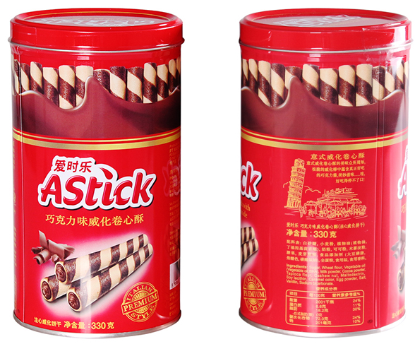 astick爱时乐巧克力味威化卷心酥330g罐装